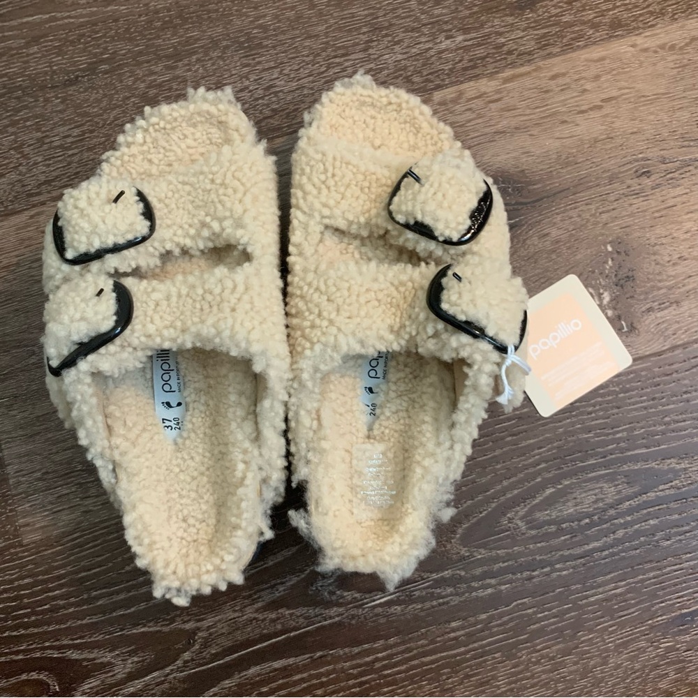 Birkenstock Cream Sherpa Double Buckle Sandals